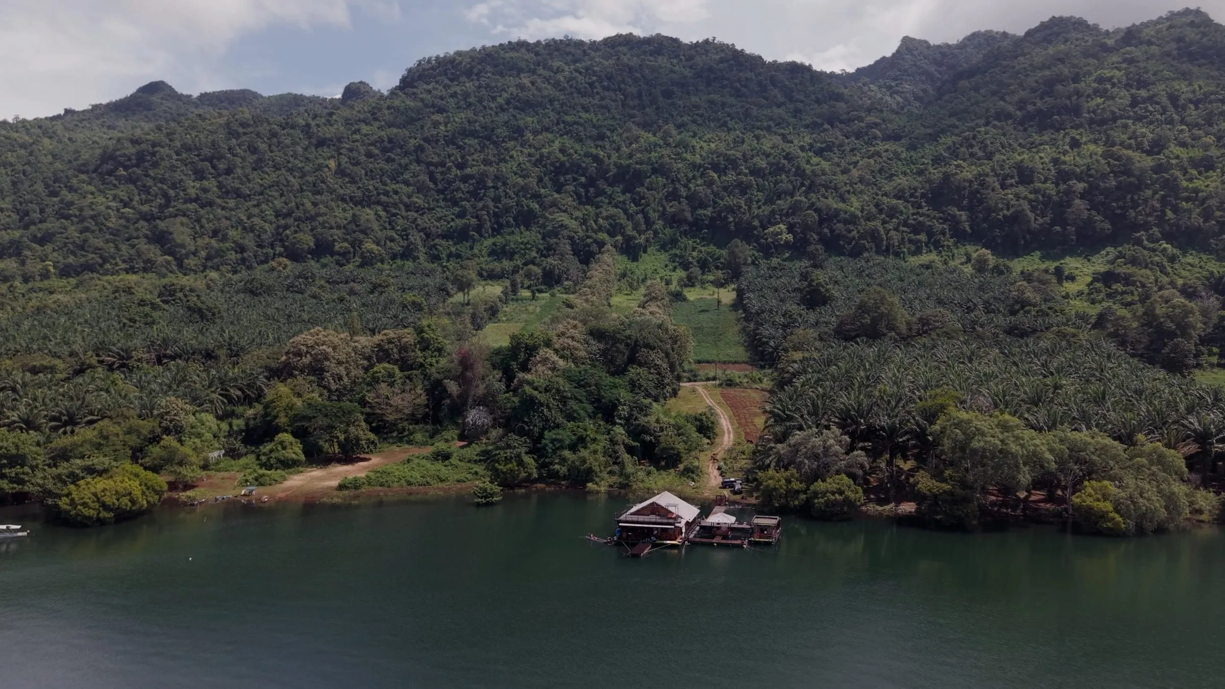 A forested island and the drowned shoreline of Khao Laem Lake seen from the air.