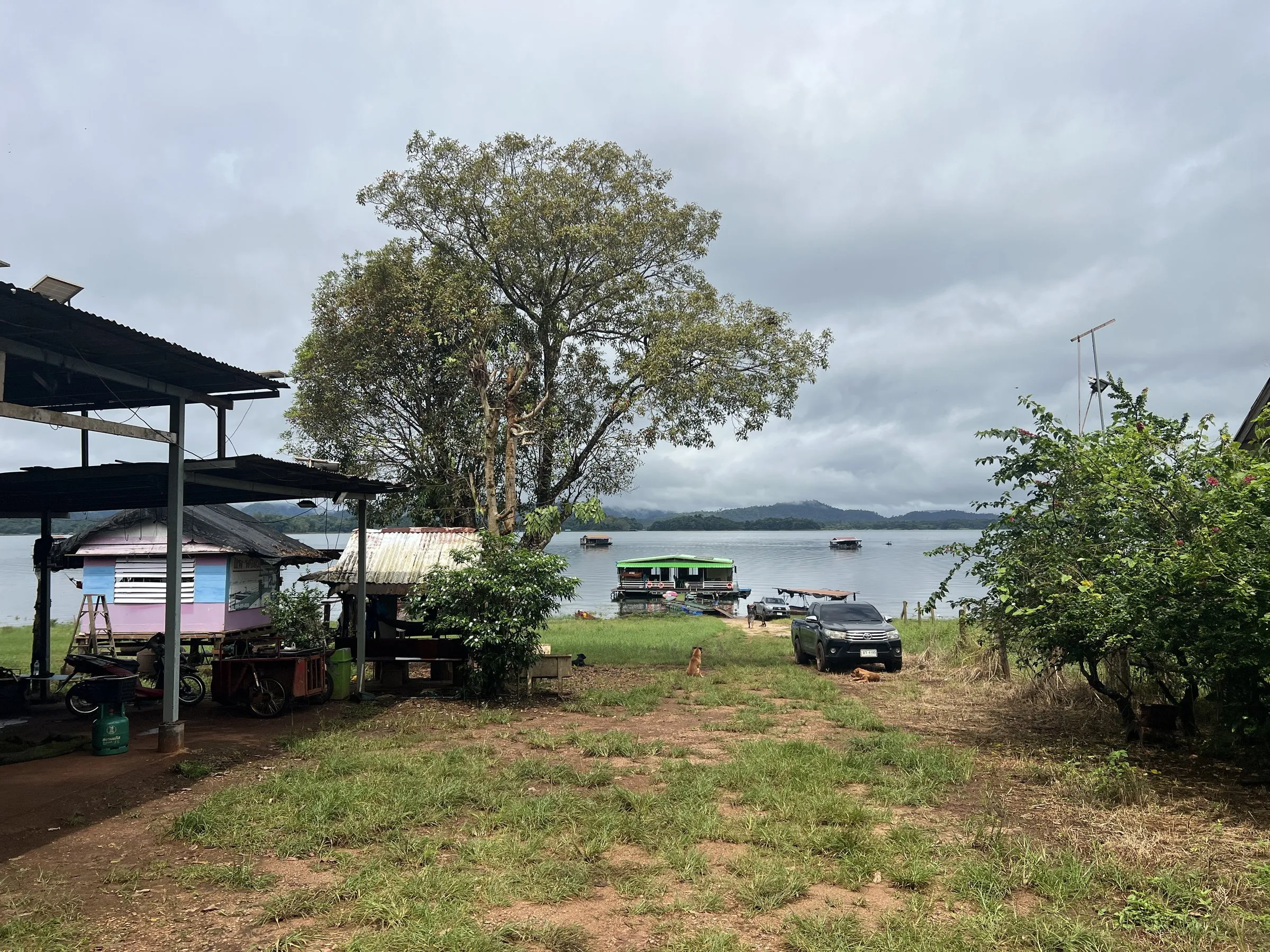 The grassy shore and pier at Khao Laem with rafts moored along the waterline.
